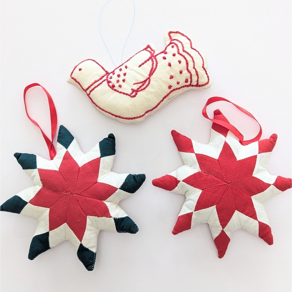 Vintage Handmade Quilted Christmas Ornaments Stars Embroidered Bird Folk Art Set